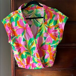 Flying Tomato Pink and Green Wrap Crop Blouse